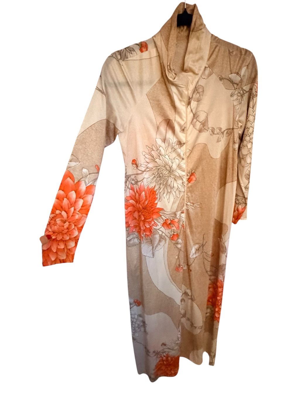 Tan Floral Long Sleeve Maxi Dress With Coral Blooms